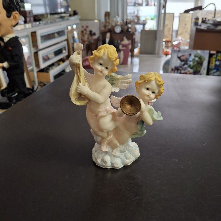 Angel Cherub Musician Duo Playing The Mandolin & Horn, Hand-painted Resin Figurine 6.25" Tall 