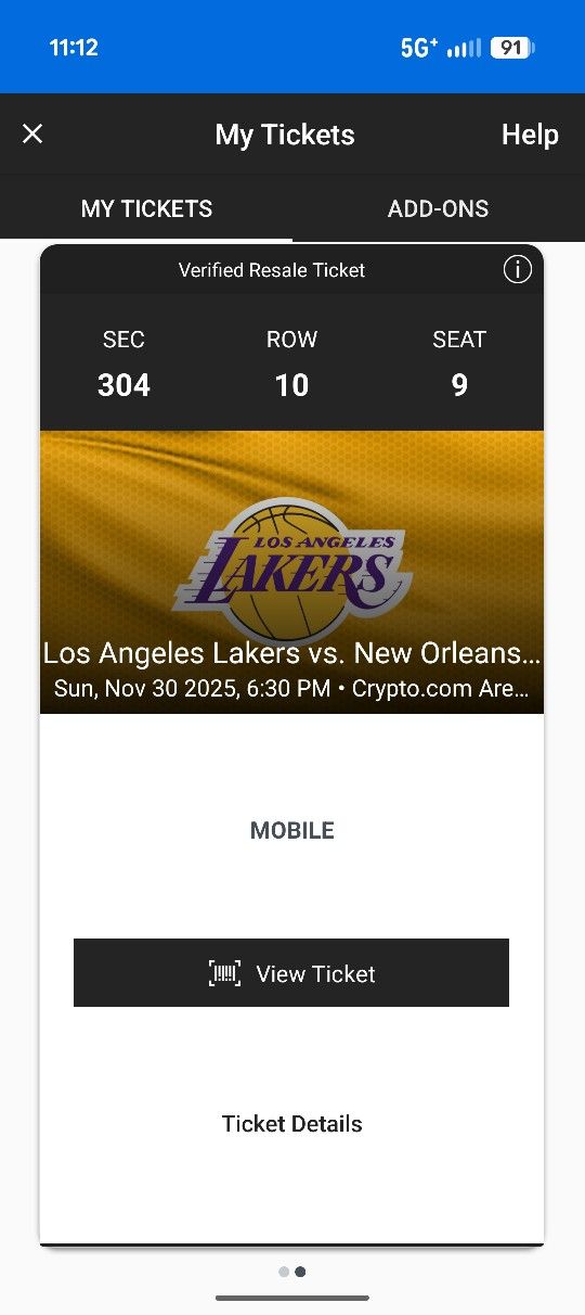 11/30 Game Resale Lakers Tickets Not Able To Make It!!