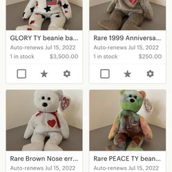 Collection Of Rare Ty Beanie Babies- Brown Nose Valentino And Peace Beanie Baby