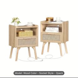 New Rattan Nightstands Set of 2 with Charging Station, Boho Side Table with Drawer Open Shelf, Cane Accent Bedside End Table with Solid Wood Legs for 