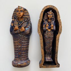 Egyptian King Tutankhamun Pharaoh Sarcophagus Coffin with Mummy Figurine Set 4" Long Egyptian Pharaoh Tombstone Historical Sculpture
