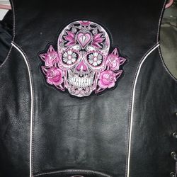 Black Leather Vest With Pink Skull 