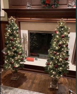 Entryway Christmas Tree Set of 2 Prelit 3.5 Ft Tall Holiday Fireplace Decor With Golden Planter