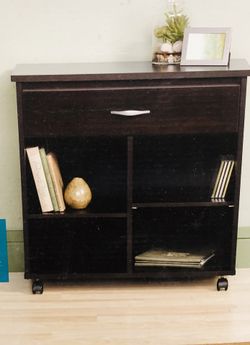 NEW MICROWAVE STAND UTILITY CART BY SAUDER ESPRESSO COLOR ROLLING CART W/ DRAWER & SHELVES