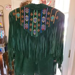 Vintage Erez Levy Southwestern Style Fringe Leather Beaded Green Jacket 