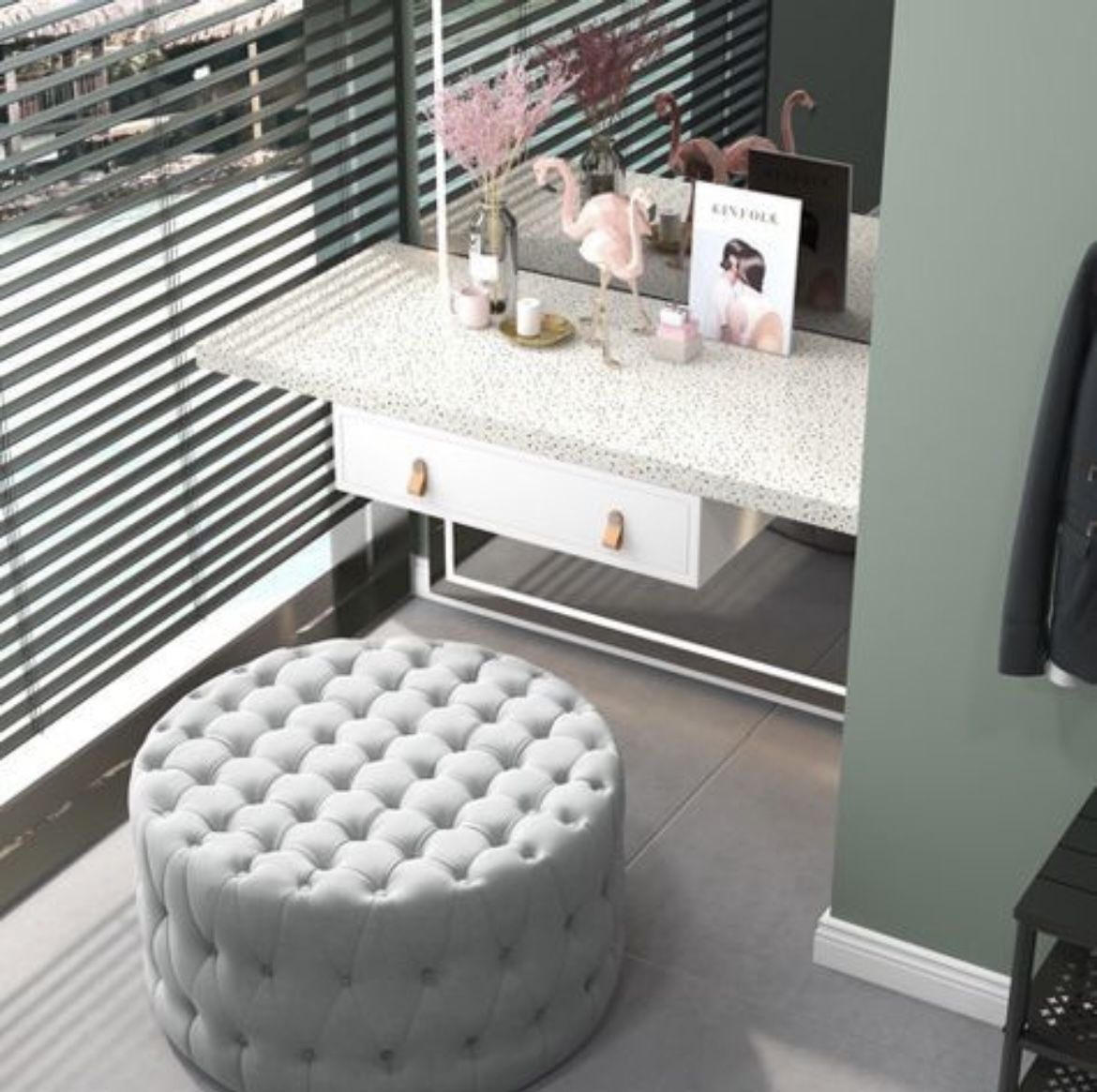 NEW Gray Tufted Ottoman, Velvet-feel Upholstered Foot Stool with Padded Seat