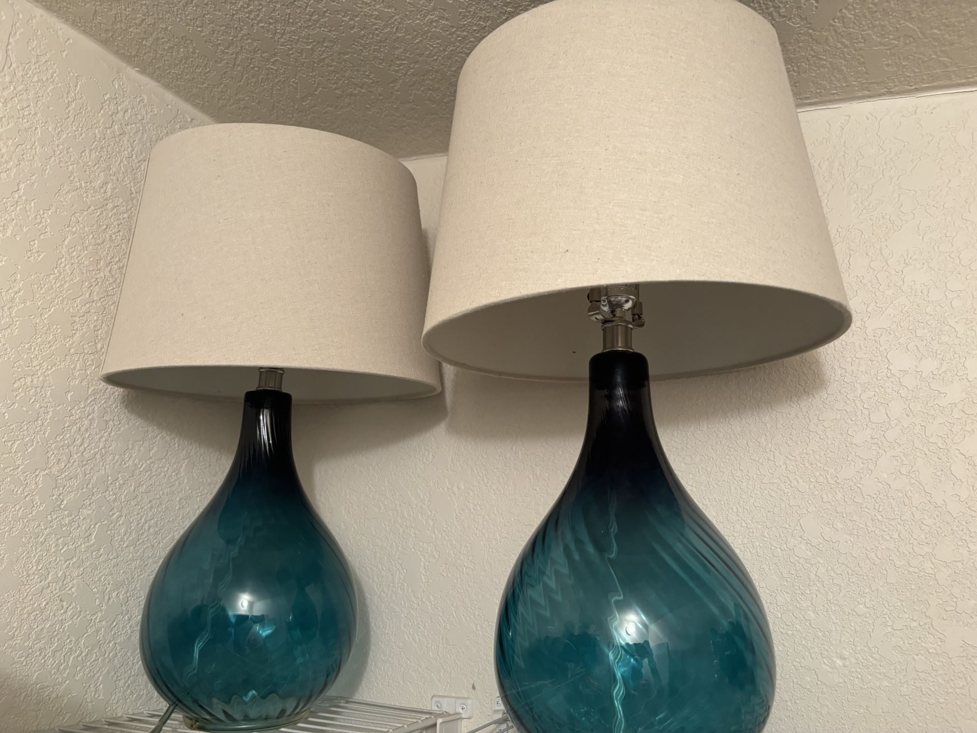 Pair Of Two Krystle Blue Lamps With Beige Lampshades