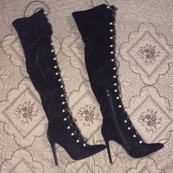 velvet laced pearly black thigh high boots size 5.5 womens