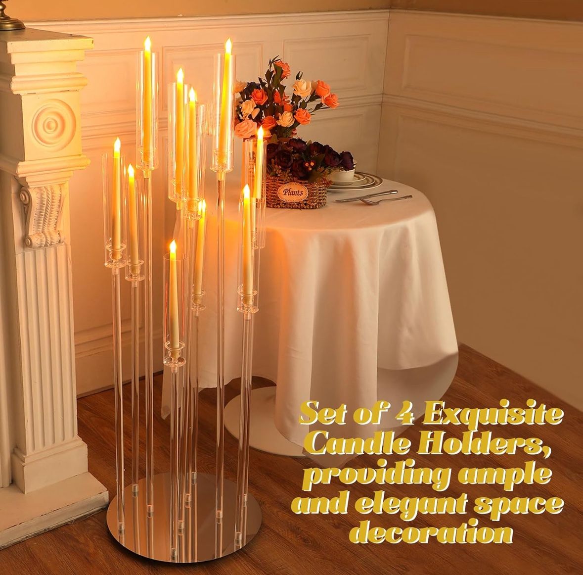 Tessco 4 Pcs 10 Arm 46.5" Acrylic Candelabra Table Centerpiece Floor Candelabras Clear Candle Holder with Removable Lampshade Wedding Candelabra Cente
