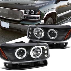 99-06 GMC Sierra 00-06 Yukon XL LED Halo Projector Headlights+Bumper Lights