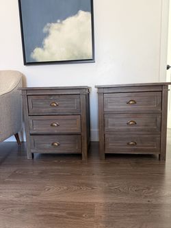 Pair of Solid Wood Nightstands, 3-Drawer Bedside Tables, Rustic Brown, Matching Set — $150