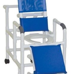 Reclining shower chair with deluxe elongated open front soft seat- footrest- padded