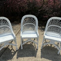  3 Vintage White Rattan Wicker Chairs W/Wood Seats