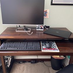 Small Wood Desk With USB Ports & Keyboard Tray