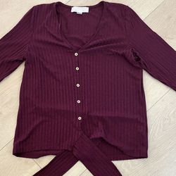 Michael Kors Burgundy Ribbed Button-Down Tie-Front Top