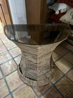 Rattan & Woven Glass Top Half Moon Table 