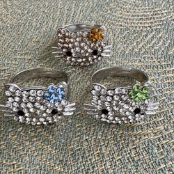 Lot of 3 Hello Kitty Rhinestone Adjustable Ring silver  In excellent condition