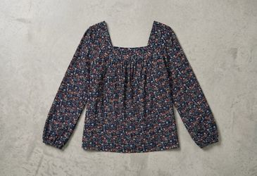 Lucky Brand Floral Square Neck Long Sleeve Blouse Navy Ditsy Print Peasant Top
