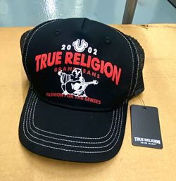 True Religion TR Puff Trucker Hat Black Mesh Back Adjustable One Size Logo