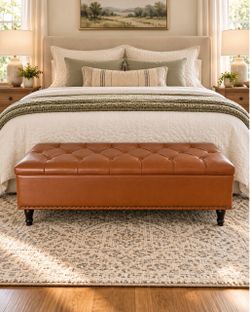 Brown Leather Storage Ottoman Bench with Lift-Up Lid – Great Condition