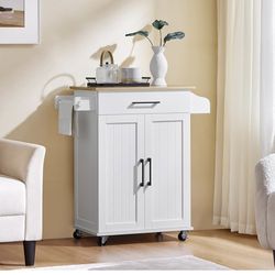 Kitchen Cart with Bamboo Tabletop, 32" Width Rolling Kitchen Island with Drawer and Adjustable Shelf, Storage Cabinet with Spice Rack Towel Bar for Di