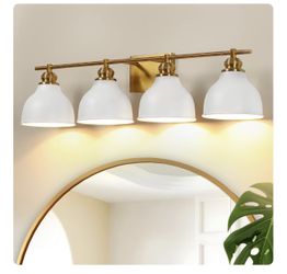 pasentel Gold Bathroom Vanity Light, 4-Light Bathroom Light Fixtures Over Mirror, Milk White Bell Iron Shades, Bathroom Vanity Lights for Mirror, Bath