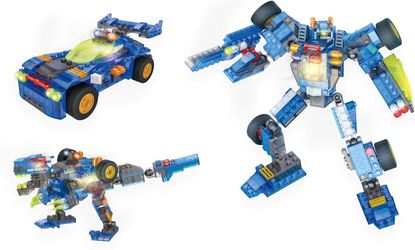 KOOKABLOX 3-in-1 Police Robot Blue | Building Block Kit | Cool LED Light Boxes | Robot, Car, & Dinosaur Buildable Figures | Transformin