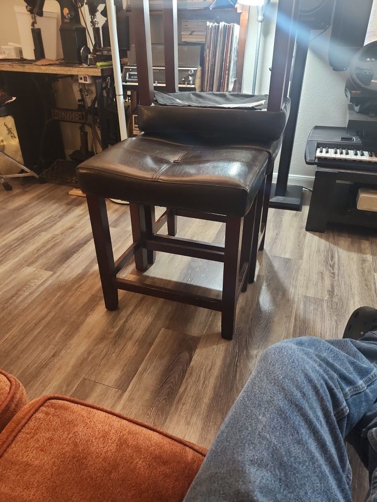 Three Leather Wooden Stools In Great Shape