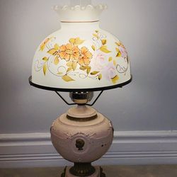 Vintage Hurricane Table Lamp Hand Painted Glass Shade Bronze Base Gone With Wind