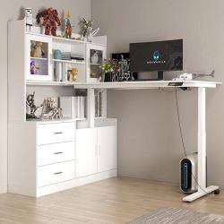 68.5 in. W L-Shaped White Writing Desk Adjustable Height Desk Home Office Workstation with Bookcase, Adjustable Shelves