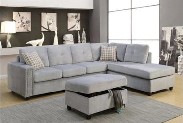 New velvet velour studded grey sofa sectional