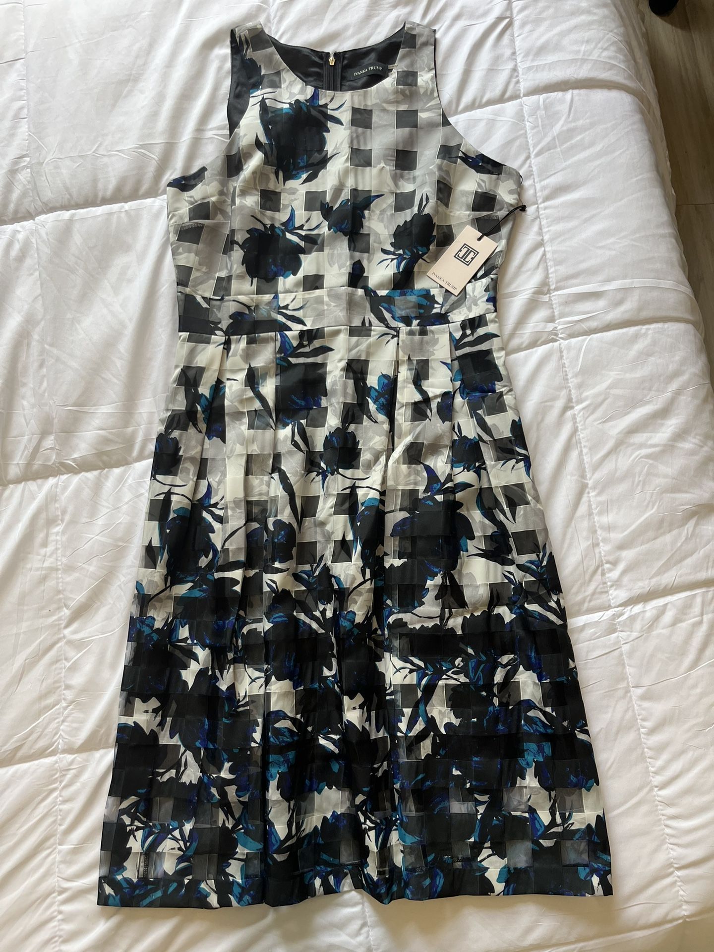 Ivanka Trump Black White Blue Floral Check pattern dress Size 12