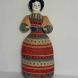 Vintage American Heirloom Porcelain Head Cloth Doll – Folk Dress – 14”