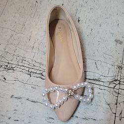 Women's shoes party flat shoes rhinestone pearl women's pointed toe Nude