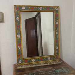 Mirror, 30x24 Inches, Hand Painted Wooden Frame 
