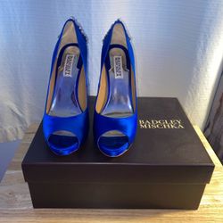 Badgley Mischka Blue Satin Peep-Toe Heels
