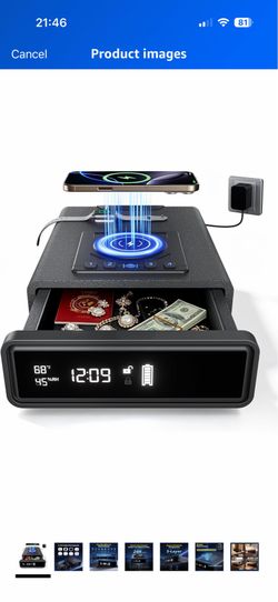 Biometric Gun Safe with Wireless Charging, 12-Hour Clock Display & Adjustable Brightness, Bedside Pistol Safe with Fingerprint, Backup Key, LED Light 