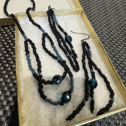 Vintage Boho Multi Strand, Teal, And Black beaded Jewelry Set, Secure Screw Clasp