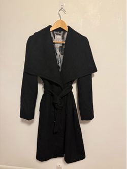 Jennifer Lopez Black Wool Blend Belted Wrap Coat Jacket Animal Lining Size Large