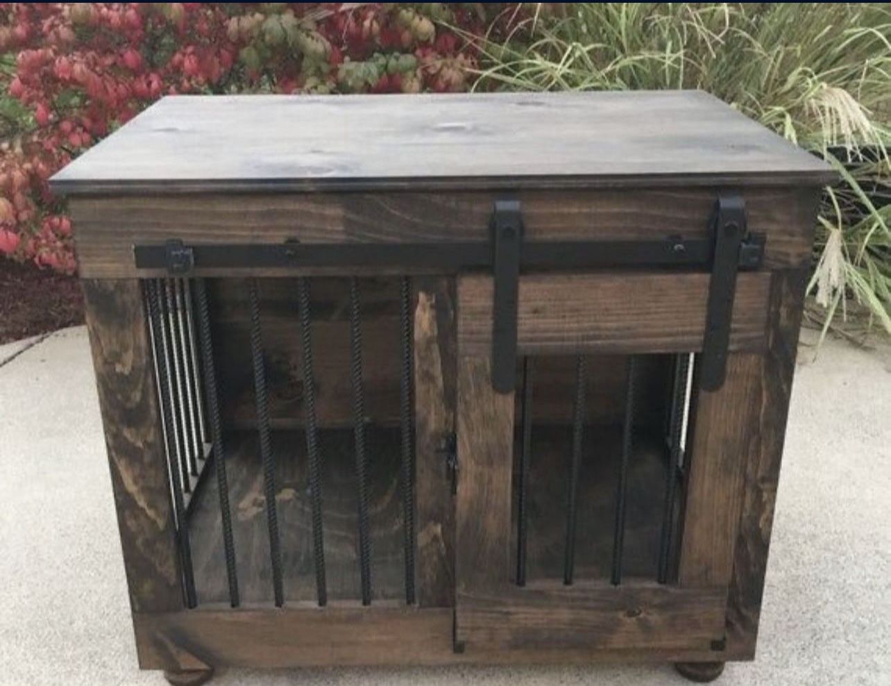 Custom Built Dog Kennel Crate Cage House Console Cabinet TV Stand Farmhouse Modern Rustic Dog Bowl Toy Bed Wood Barn Door