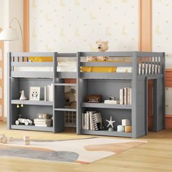 Twin Low Loft Bunk Bed with Storage Shelves, Safety Guardrail & LED for Kids,Grey