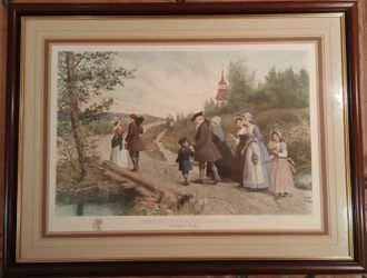 Etching "Sunday Morning in Sleepy Hollow" by James S. King, painting by Jennie Brownscombe