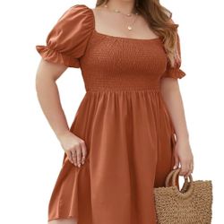 Summer Dresses for Women Casual Puff Sleeve Square Neck A Line Smocked Tiered Dress (Color:Rust)