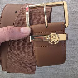 Michael Kors Wide Brown Leather Belt – Gold Logo Buckle | 