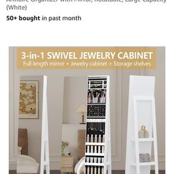LVSOMT 360° Swivel Jewelry Armoire Cabinet, Full Length Mirror with Jewelry Storage, Standing Jewelry Armoire Organizer with Mirror, Rotatable, Large