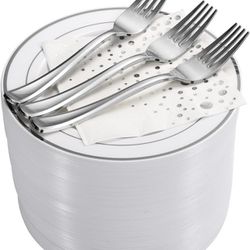 Stylish 7.5 Inch Silver Cake Plates with Disposable Forks and Cocktail Napkins (100 Set) - Small Appetizer Plates - Silver Plastic Dessert Plates 