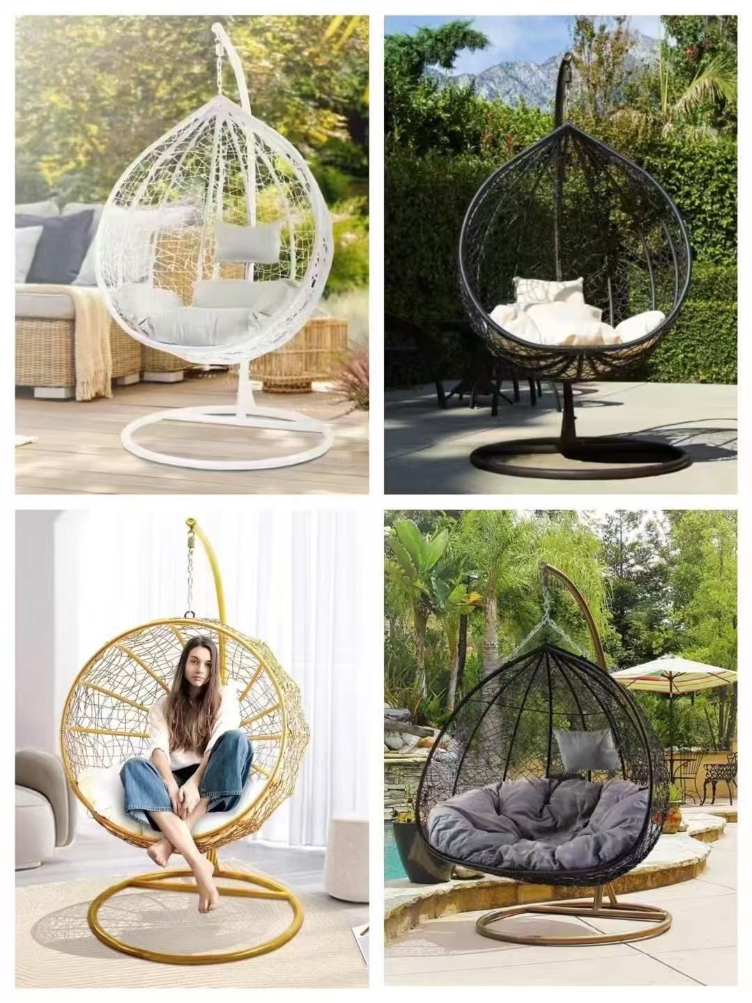 🔥 Sale Patio Swing Chair Outdoor Cute Golden Nest Wicker Plastic Swing Lounge Chair with Mat & Support Frame