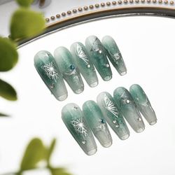 10 Piece Handmade Custom Press On Nails with Accessories, Long Coffin Shape, Green & Silver Butterfly Design with Rhinestone Gems, Size Medium/M *NEW*