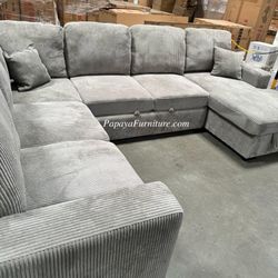 New! 120”L Grey Sectional Sofa Bed,Sectionals, Sofa, Couch, Corduroy Sectional Sofa With Storage, Sleeper Sofa. Sofabed, Sofa Bed,U Shaped Sectionals 