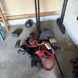 Home Gym Bundle – Dip Bars, Barbell, Plates, Bands, Ab Roller & More